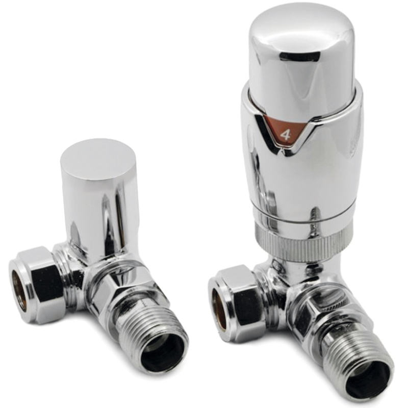 Price Exc VAT: £56.60
Our Corner thermostatic valve and lockshield set in chrome is ideal for regulating your radiator’s temperature. Available in a range of colours, it effortlessly complements your décor.

&nbsp;

Features & Benefits




Thermostatic for temperature control



Sleek modern design



Matching pipe sleeves, bleed valves, element shrouds & T-pieces available



Available in 8 other finishes