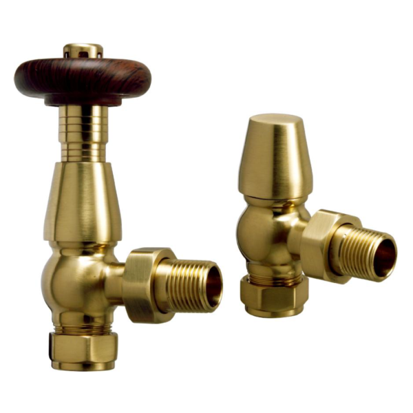 Brushed Brass angled Chelsea Thermostatic valve and lockshield