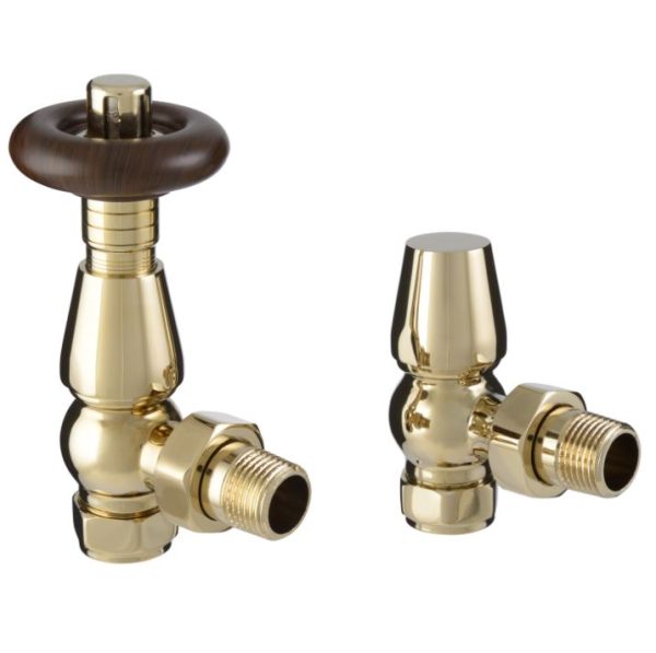 Towelrads Polished Brass Angled Chelsea TRV valve and lockshield