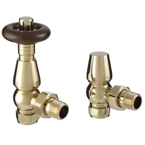 Polished Brass Angled Chelsea thermostatic valve and lockshield