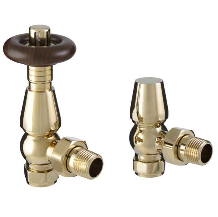 Polished Brass Angled Chelsea thermostatic valve and lockshield