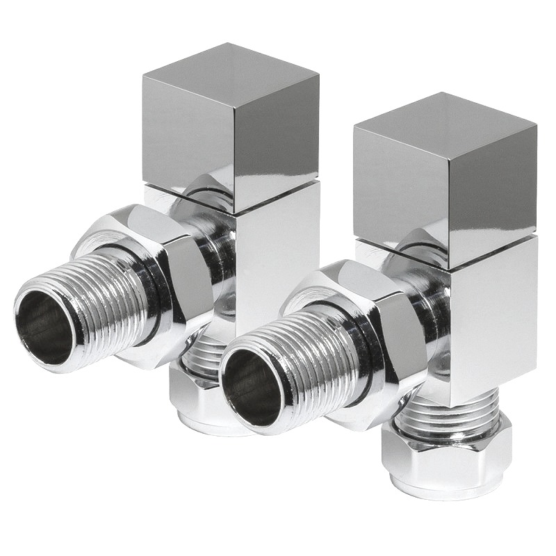 Square angled manual chrome valve and lockshield.