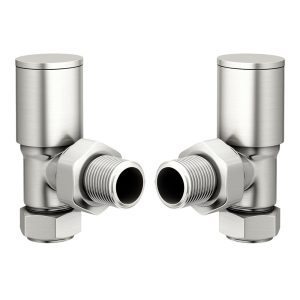 Round angled manual brushed satin nickel valve and lockshield.