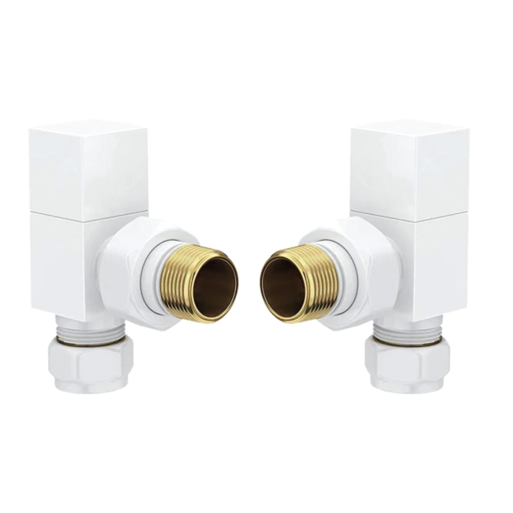 Square angled manual white valve and lockshield.