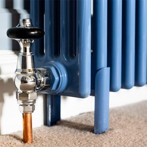Close up of traditional nickel manual valve with a 3 column Windsor in pigeon blue