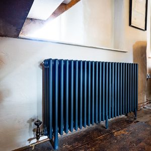Pigeon blue multi-column Horizontal Windsor Radiator with brushed nickel manual valves
