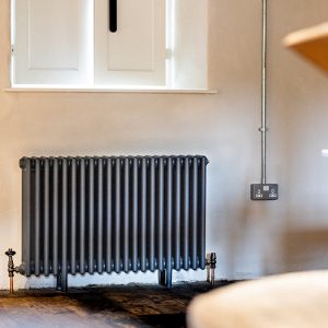 Anthracite Windsor Column radiator on a light coloured wall providing contrast to the setting
