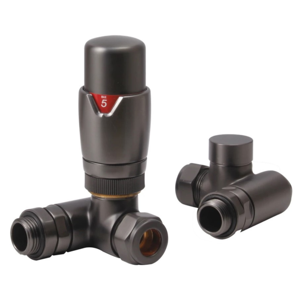 Towelrads Dual Fuel TRV Corner Valve Set in Brushed Gun Metal - 690382
